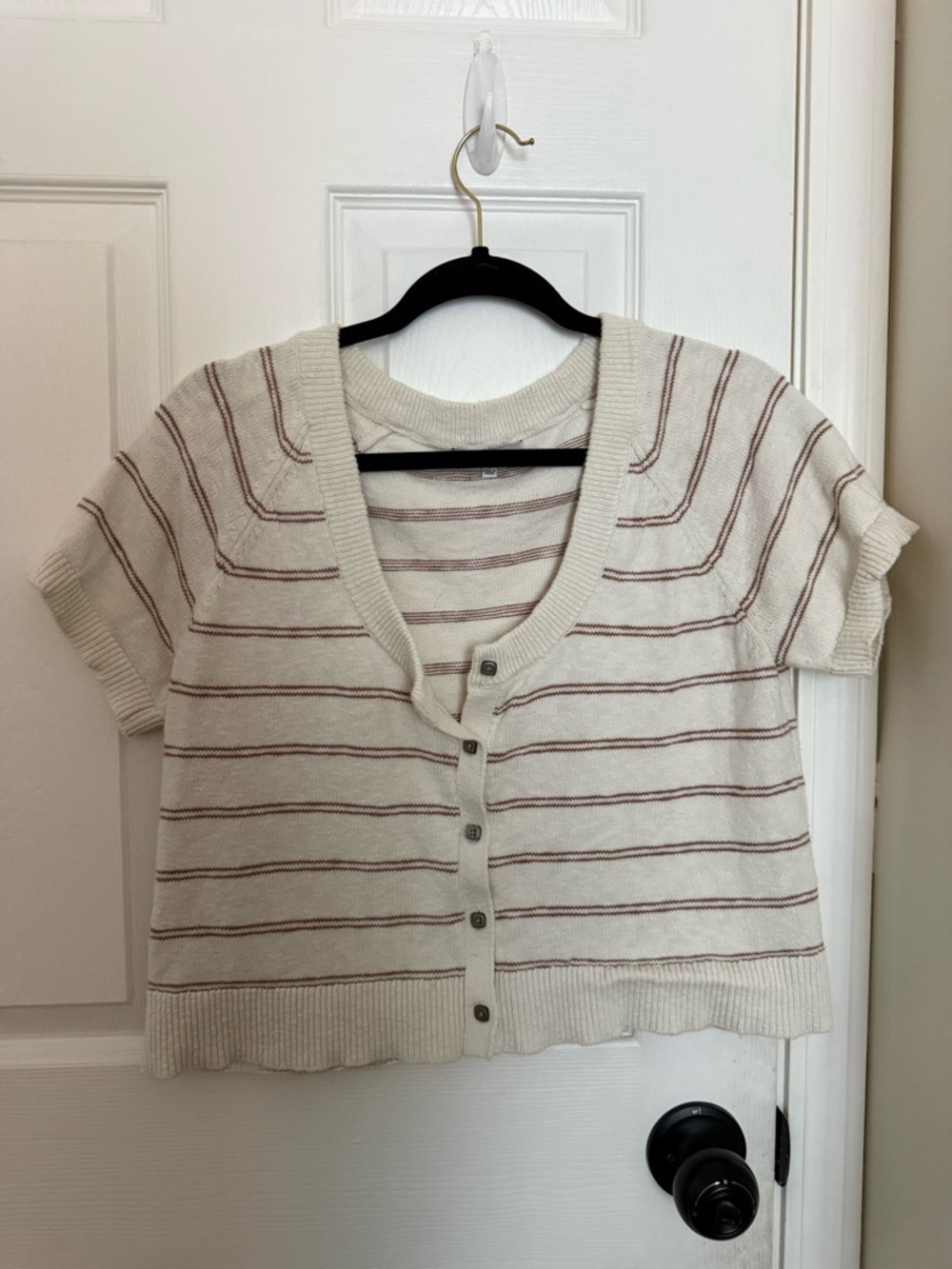 Madewell Cream Short-Sleeve Button Front Knit Top with Brown Stripes